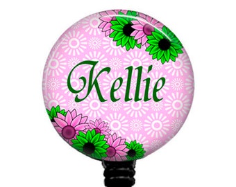 Floral Personalized Retractable Badge Reel: Pink & Green, Carabiner or Stethoscope Tag
