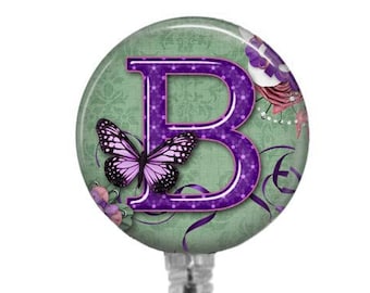 Initial Badge Reel: Purple Floral Butterfly ID Holder