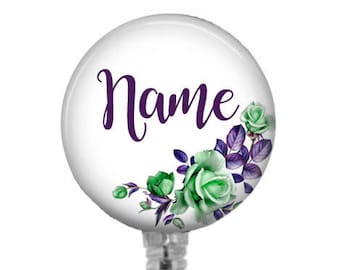 Floral Badge Reel: Green Roses, Purple Leaves - Retractable ID Holder