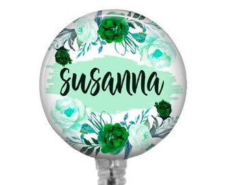Personalized Mint Green Floral Badge Reel: Stethoscope ID Tag Set