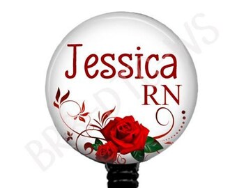 Red Roses RN Badge Reel: Personalized Name, Stethoscope ID Tag