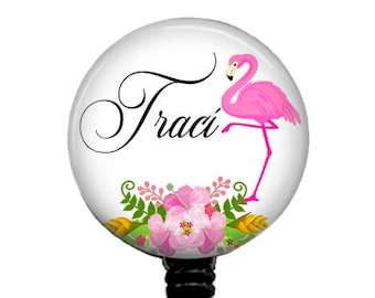 Personalized Pink Flamingo Badge Reel: Floral Stethoscope ID Tag