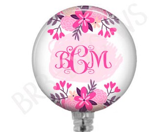 Floral Monogram Badge Reel: Pink Flower ID Badge Holder
