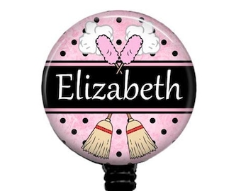Personalized Housekeeping Badge Reel: Pink Polka Dot Name Badge