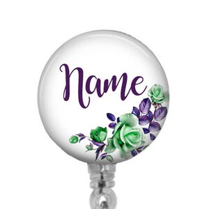 Floral Badge Reel: Green Roses, Purple Leaves - Retractable ID Holder
