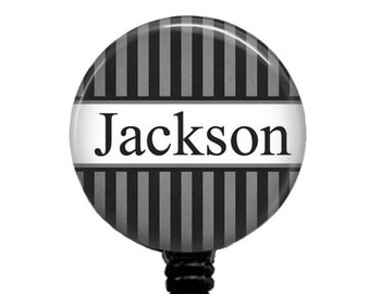 Personalized Badge Reel: Black & Gray Striped Retractable ID Holder