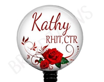Red Roses Badge Reel: Personalized ID Holder, Nurse Gift