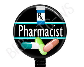 Pharmacist Badge Reel: Rx Bottle & Pills, Retractable ID Holder