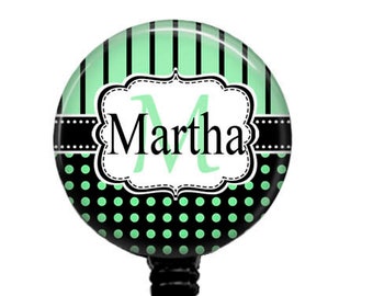 Personalized Initial Badge Reel: Green Polka Dot & Stripe Retractable Badge Clip