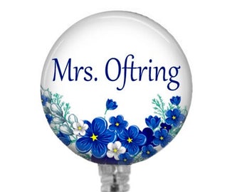 Blue Floral Badge Reel: Teacher ID Tag, Stethoscope Tag