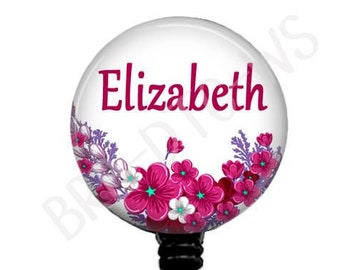 Dark Pink and Green Personalized Floral Badge Reel, Carabiner, Stethoscope ID Tag, Lanyard, 642M