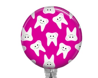 Teeth Badge Reel: Hot Pink Dental Hygienist Retractable ID Holder