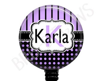 Badge Reel In Purple & Black With Stripes and Polka Dots With Name and Initial, Retractable Badge Holder for Nurse, Stethoscope ID Tag, 641M