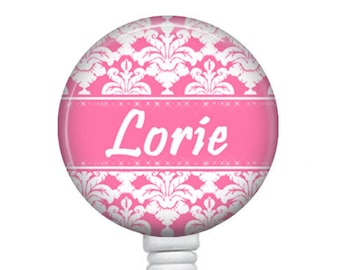 Personalized Name Badge Reel: Pink Damask Retractable ID Holder