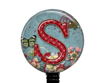 Initial Name Badge Reel, Retractable Badge Holder for Nurse - Doctor- Teacher - Dental - Office Professionals - Flowers & Butterfly, 201B