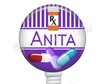 Personalized Pharmacy Tech Badge Reel: Purple Pill Design