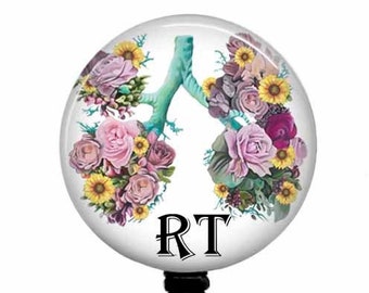 Floral Lungs Badge Reel: RT Respiratory Therapist Stethoscope Tag