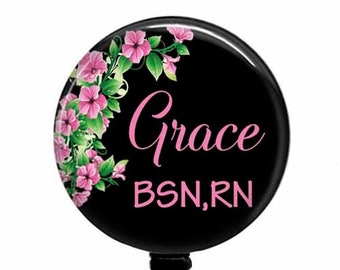 Personalized Floral Badge Reel, Floral, Stethoscope ID Tag, Carabiner, L13