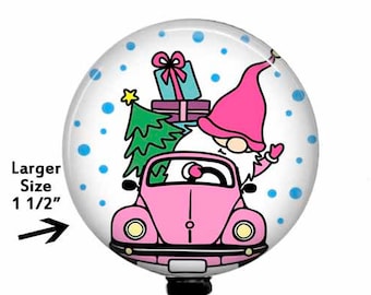 Christmas Gnome Badge Reel, Pink VW Bug, Holiday ID Tag