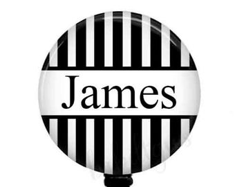 Striped Badge Reel: Black and White ID Holder with Carabiner