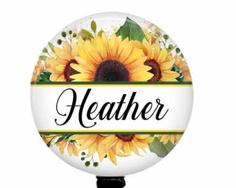 Personalized Sunflower Badge Reel: Medical ID, Stethoscope Tag