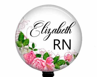 Pink Roses RN Badge Reel: Floral Retractable ID Holder