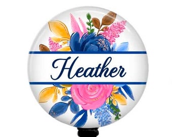 Floral Badge Reel for Teacher Nurse Office Manager with Pink and Blue Flowers, T66