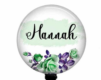 Floral Retractable ID Badge Reel: Green & Purple Stethoscope Tag