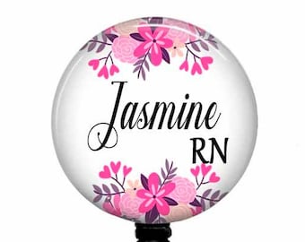 Pink Floral RN Badge Reel: Retractable ID Holder, Nurse Gift