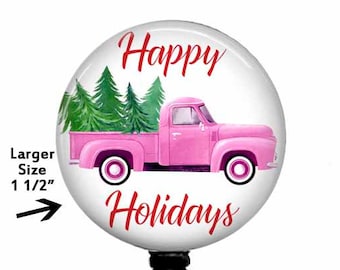 Christmas Badge Reel, Retro Truck Filled With Christmas Trees, Badge Clip, Stethoscope Tag, Retractable Badge Reel, Lanyard, Carabiner, 830L