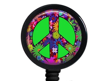 Retractable Badge Holder 60s Peace Badge Reel Hippie Name Tags for Nurse Surgical Tech Geneticist Navigators, CTR Sonographer Lvn  S247