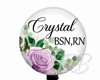 Nurse BSN RN Badge Reel, Retractable ID Badges, Name Clip, Teacher Badge Reel, Lilac & Eucalyptus Leaves, Carabiner, Stethoscope Tag, T67