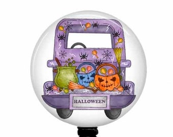 Halloween Badge Reel,  Vintage Truck With Pumpkins Retractable Badge Reel Holder, Stethoscope Tag - Lanyard - Carabiner, T56