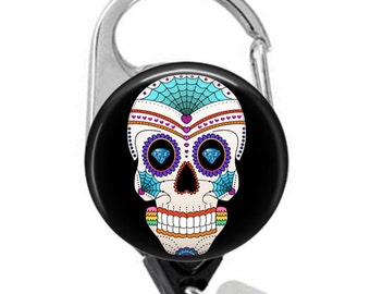 Sugar Skull Badge Reel: Dia de los Muertos Retractable ID Clip