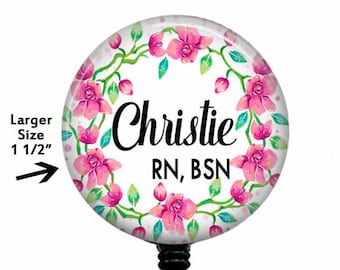 Floral Wreath Badge Reel: Nurse, Teacher Retractable ID Holder