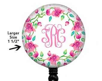 Floral Wreath Monogram Badge Reel: Retractable ID Holder