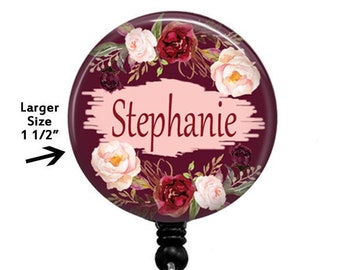Floral Badge Reel: Burgundy Pink Flowers, Carabiner Clip, Stethoscope ID Tag