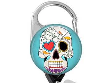 Sugar Skull Badge Reel, Day of the Dead Retractable ID Holder