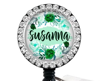 Mint Green Floral Rhinestone Badge Reel: Personalized Name Tag
