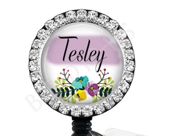 Floral Rhinestone Badge Reel: Personalized ID Holder, Carabiner Option