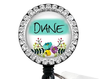 Personalized Floral Badge Reel With Rhinestones - Bling Badge Holder, Teacher Gift, Teal Purple & Yellow Flowers, Carabiner, 606S