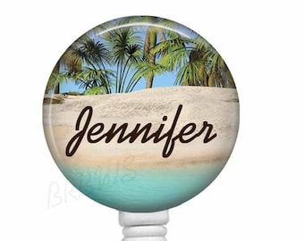 Personalized Beach Badge Reel: Tropical ID Clip for Nurse, Teacher