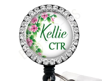 Rhinestone Badge Reel: Pink & Green Floral Retractable ID Holder