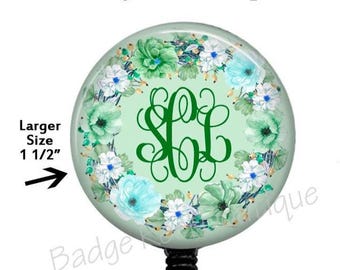 Monogram Badge Reel Personalized Green Floral ID Name Clip Carabiner, L2