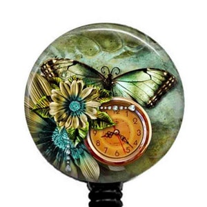 Butterfly and Clock Badge Reel: Retractable ID Holder