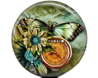 Butterfly and Clock Badge Reel: Retractable ID Holder