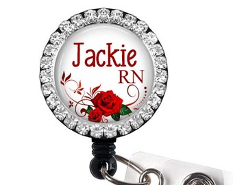 Rhinestone Nurse Badge Reel: Red Roses Retractable ID Holder