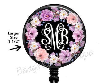 Floral Wreath Monogram Badge Reel, Carabiner, Stethoscope TagL1