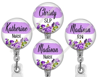 Purple Floral Badge Reel: Personalized Name Clip for Nurse, Teacher