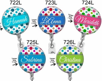 Personalized Badge Reel, Polka Dots, Lanyard, Stethoscope ID Tag, Retractable Badge Reel, Badge Clip, Badge Holder, Choice of 5 Colors